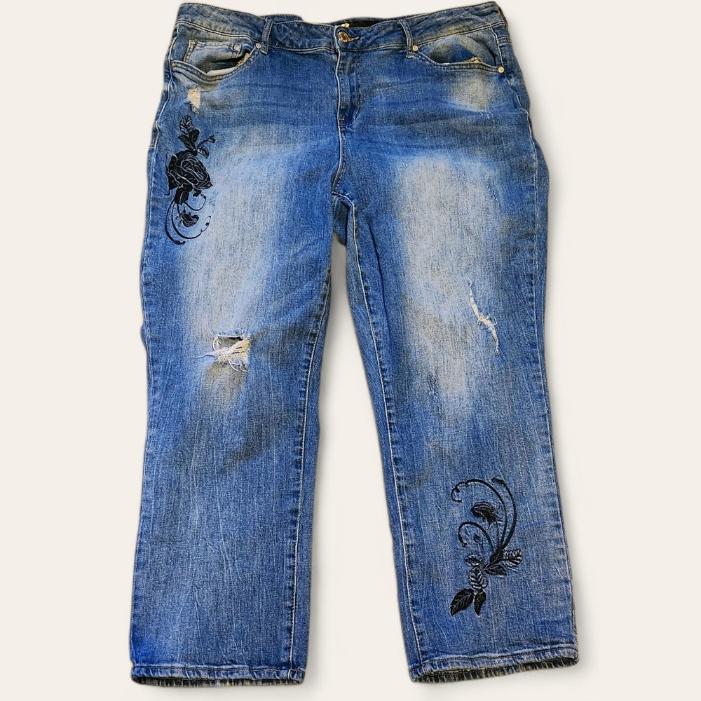 Seven7 High Rise Straight Crop Women's Blue Embroidered Jeans- 20W